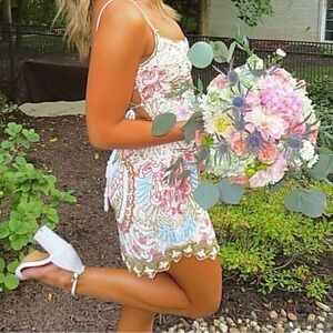 🩷 Rachel Allan 🩷 Size 00 White Pink Gold Blue Floral Mini Dress Beaded Rare